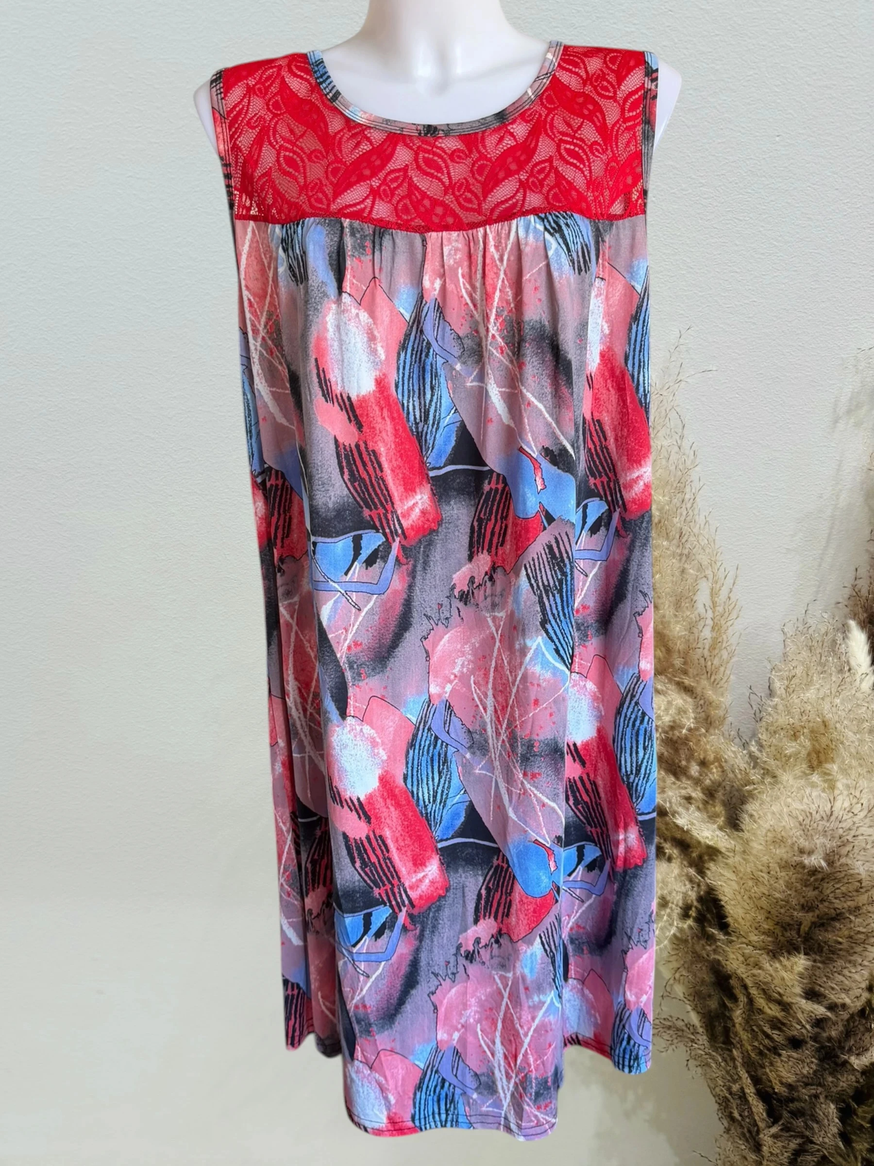 Robe femme midi sans manches rouge et dentelle
